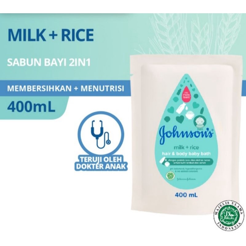 Johnsons Milk Rice Hair &amp; Body Baby Bath/Sabun Bayi 2in1 500ml pump/ Refill 400ml dan 200ml/Sabun Mandi Bayi