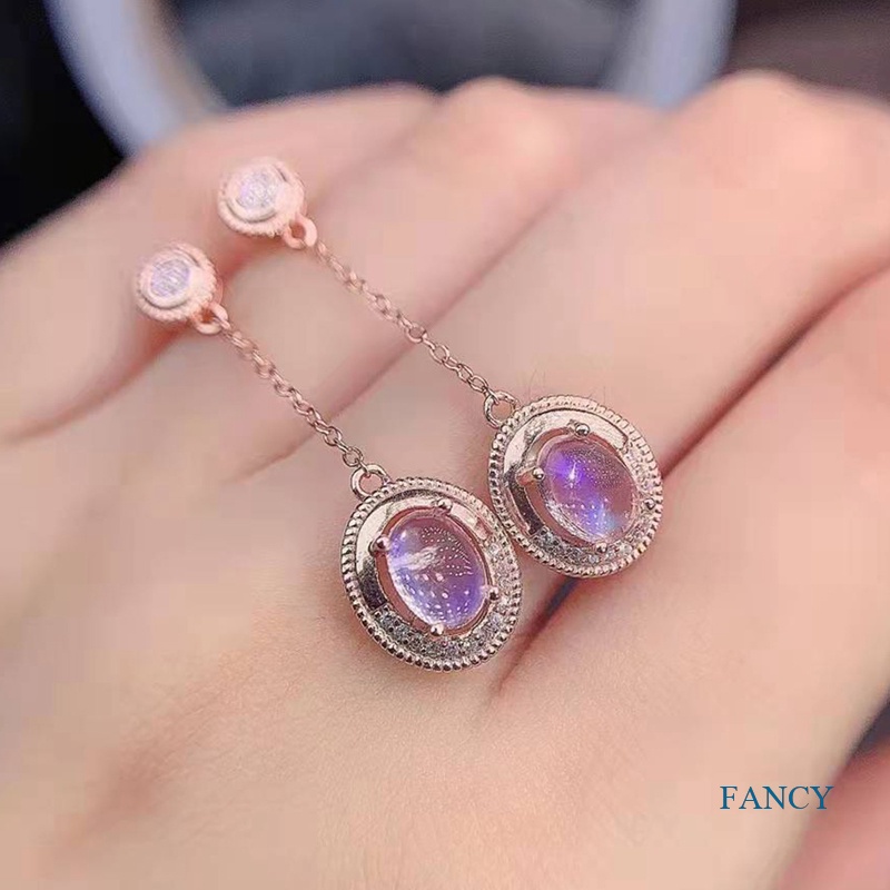 Anting Drop Panjang Desain Moonstone Gaya Korea Minimalis Warna Rose Gold Untuk Wanita