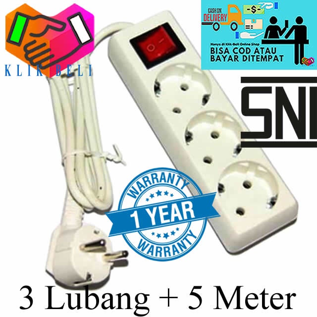 Stop Kontak 3 Lubang Colokan Cok Listrik Original SNI Panjang Kabel 1,5 Meter / 3 Meter / 5 Meter / 10 Meter