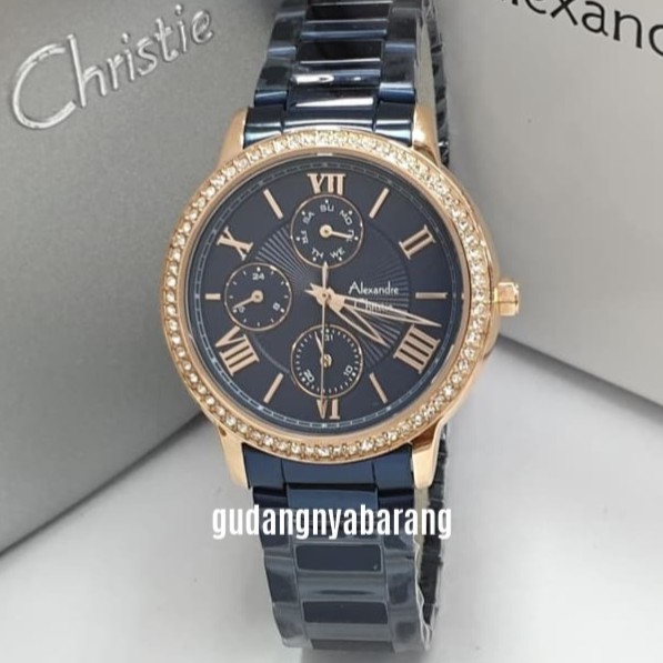 JAM TANGAN WANITA - CEWEK - WOMAN ALEXANDRE CHRISTIE AC 2648 BIRU BLUE ROSE GOLD ORIGINAL CANTIK