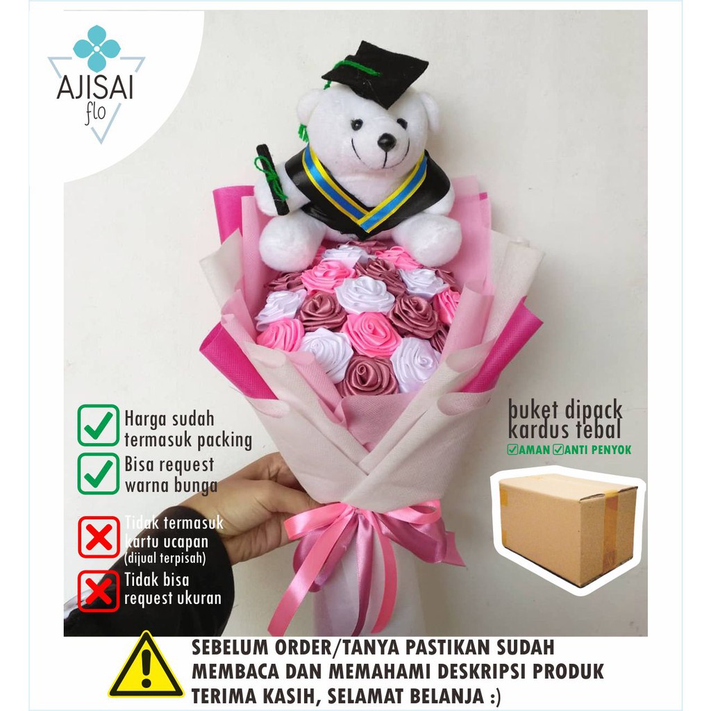 Buket boneka + 16 bunga satin | Buket wisuda boneka/ buket bunga/ kado wisuda cowok/ cewek