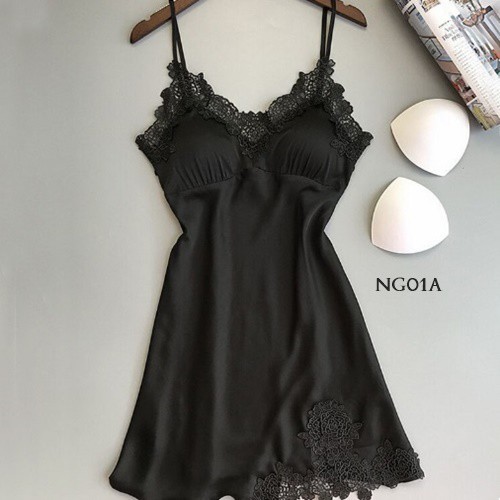 [BISA COD] HOME DRESS BAJU TIDUR SEXY NIGHT GOWN SATIN HITAM NG01A