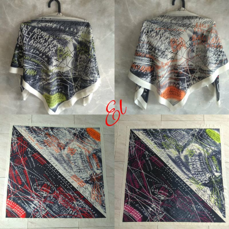 hijab voal motif BA warna merah kombinasi orange