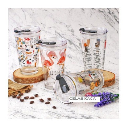 Tumbler Kaca Motif Animal / Glass Ware Cup 350ml / Gelas Beling dengan sedotan kaca / Gelas Kaca / H482