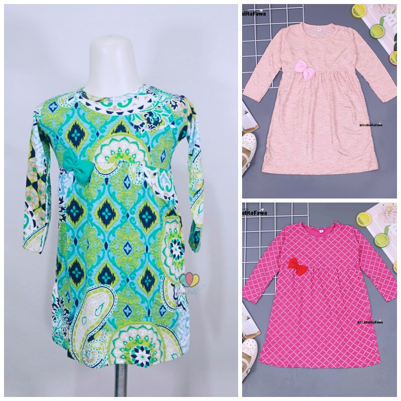 Dress Adelia 1-7 Tahun / Baju Balita Anak Perempuan Motif Bahan Kaos Adem Dres Lengan Panjang