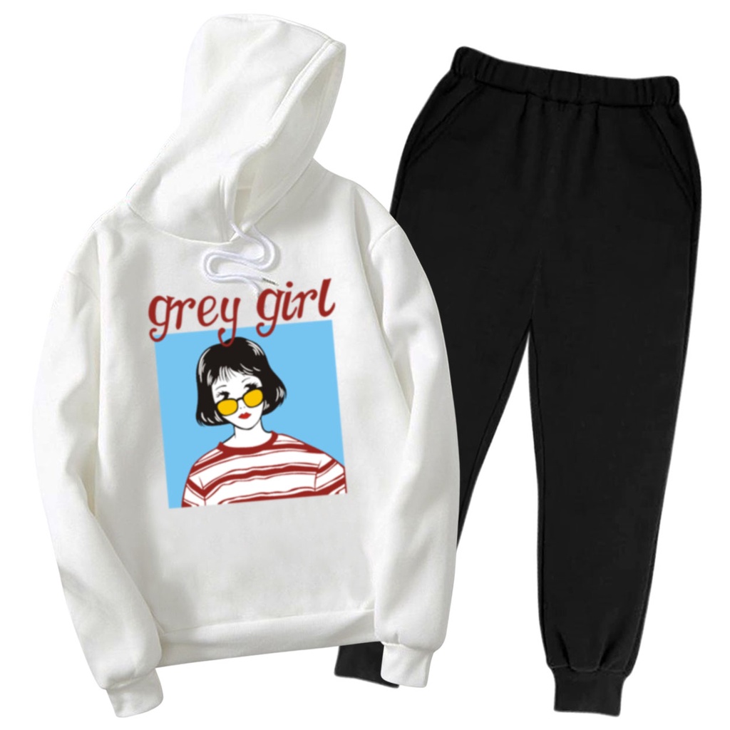 BESS - Baju Setelan Wanita Murah / Setelan Hoodie + Jogger Hitam - GREY GIRL