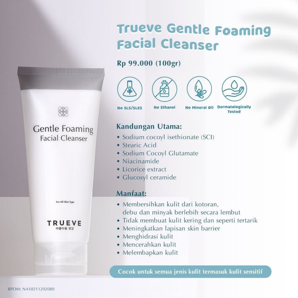 [ FREE ONGKIR ] TRUEVE Gentle Foaming, Low PH Facial Cleanser Facial wash Face wash 100gr