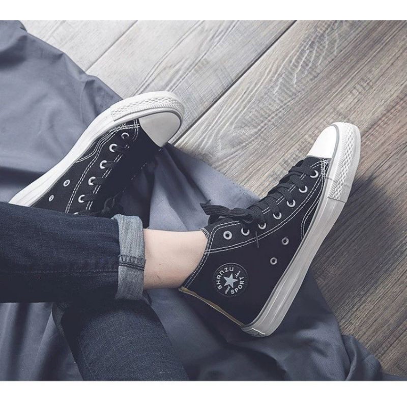 IDEALIFESHOES Sepatu Cowok Couple Sneakers Impor Korea Casual Low Top High Top Canvas Warna Hitam kyb02 Casualy shoes Pria