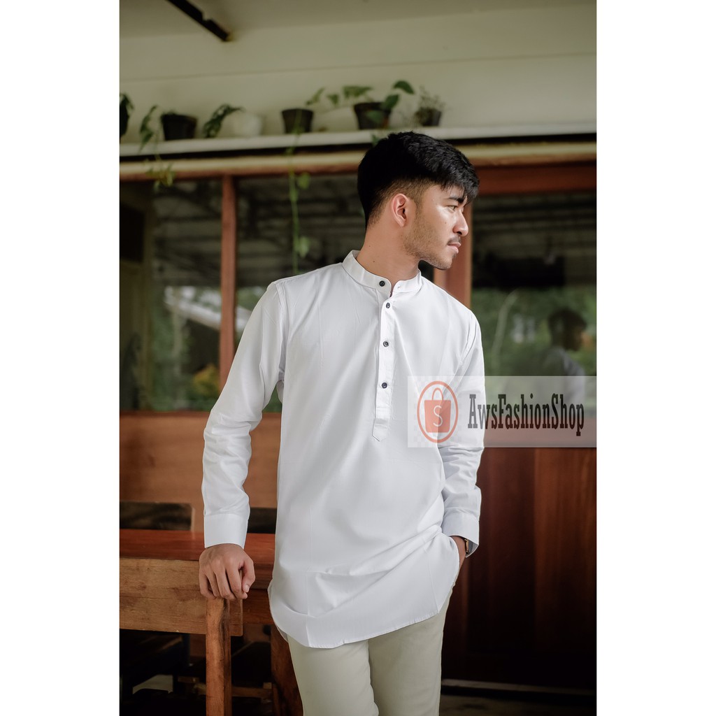 Kemeja Koko Polos Kurta Pakistan Pria Muslim Putih White Baju Koko Pria