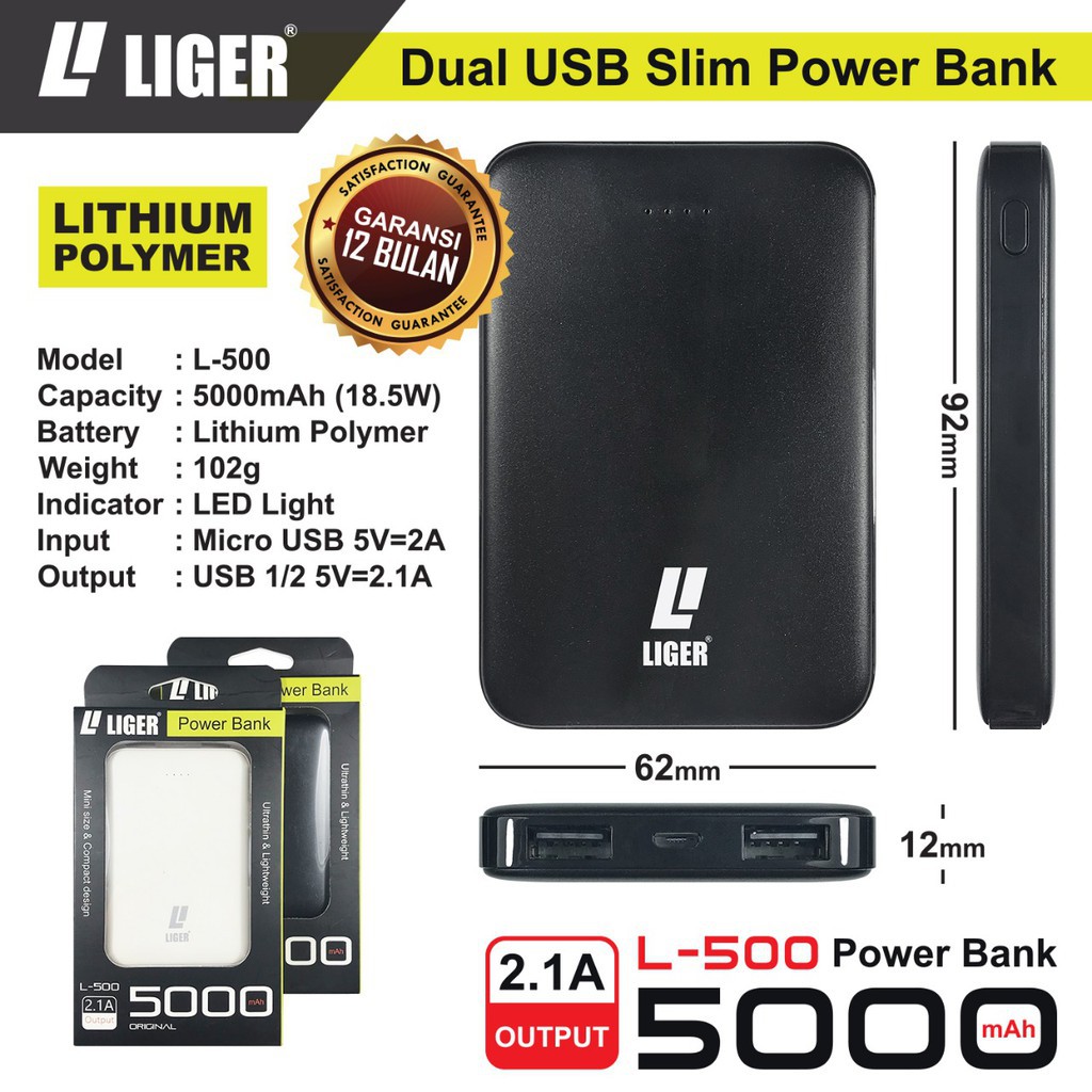 POWERBANK LIGER L-500 MINI SUPER SLIM FAST CHARGING - 5000 mAh