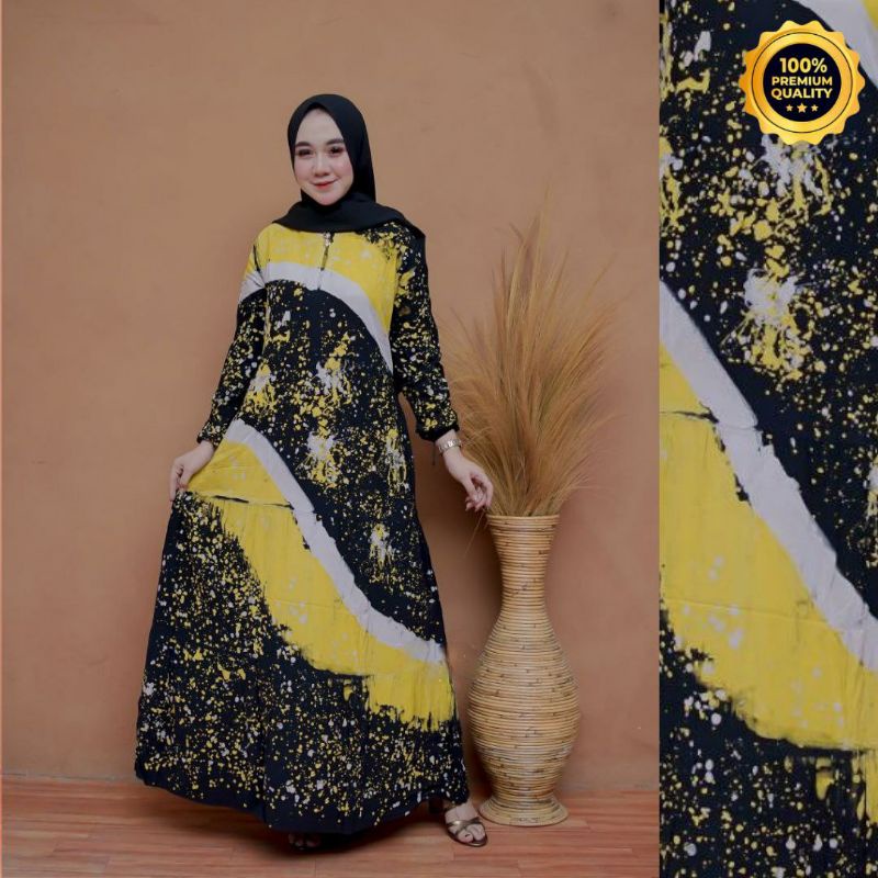 Gamis Twill Rayon Malaman Terbaru Kekinian Busui | Gamis Tiedye NEW-WAVE KUNING