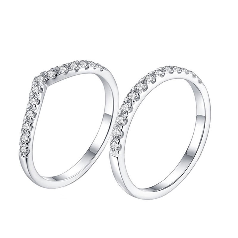 2pcs / Set Cincin Sterling Silver 925 Bentuk V Hias Cubic Zirconia Gaya Klasik / Romantis Untuk Wanita