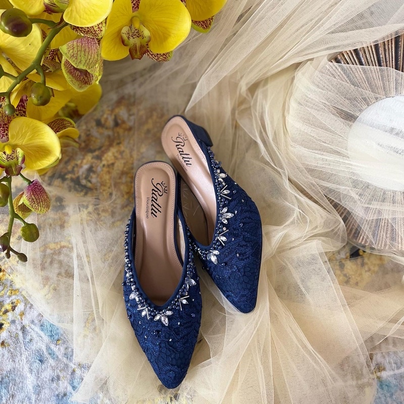 Termurah!!! COD Heels 3cm brukat payet mewah Farsya Navy / wedding shoes Navy / sepatu pengantin / sepatu tunangan / sepatu wisuda / sepatu hak