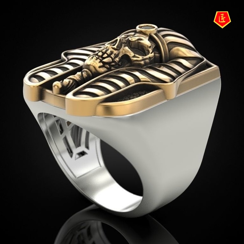 [Ready Stock]Egyptian Pharaoh Skull Gold Two-Tone Ring Exaggerated Punk