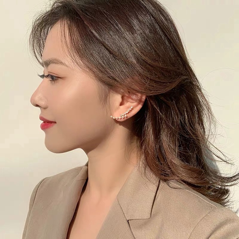 Anting Stud Aksen Mutiara Dan Berlian Imitasi Warna Silver Untuk Wanita