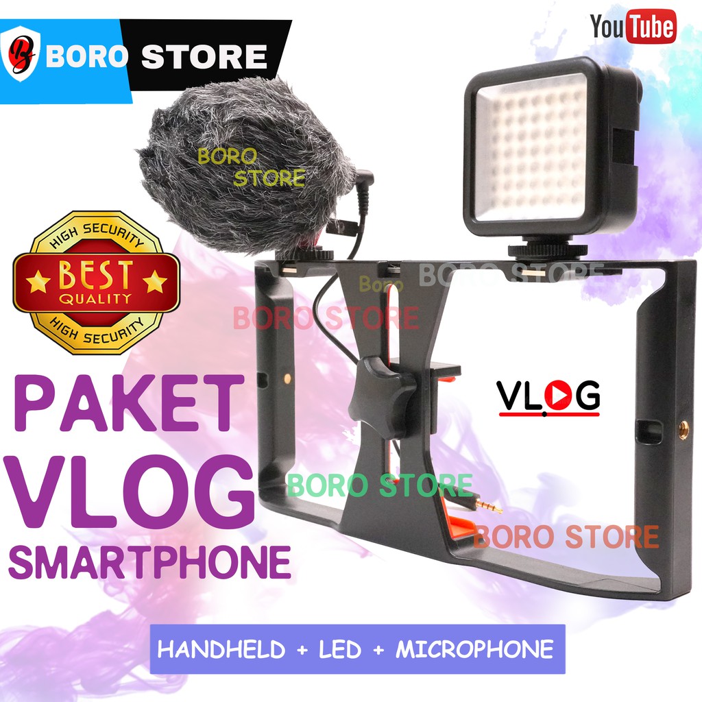 PAKET Vlog HM-2 Handheld Stabilizer Mikrofon Shorush LED Light Smartphone HP kamera vlog youtuber