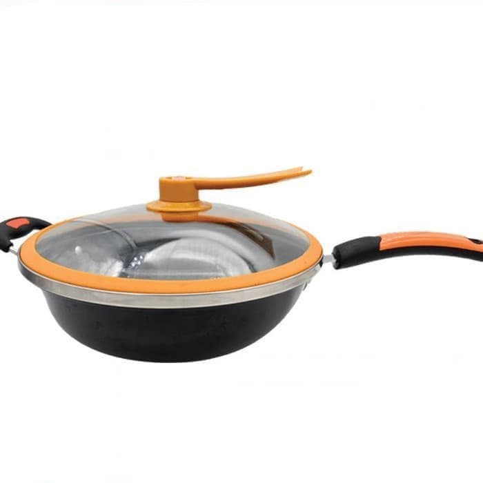 Panci Goreng Enamel Q2 3205 Wajan Penggorengan Wok Tutup Kaca 32cm