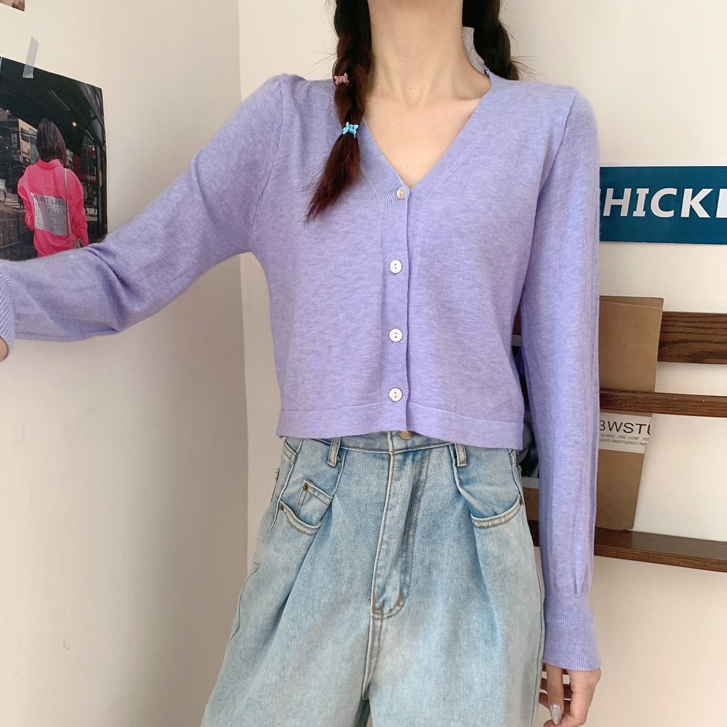 Korea Musim Panas Tipis Pendek Panjang Lengan Purple wanita Knit Cardigan-8