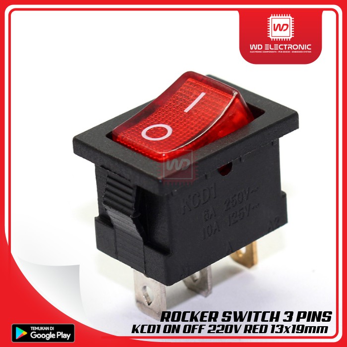 ROCKER SWITCH 3 PIN KCD1 SAKLAR ON OFF MERAH 220V 13x95MM