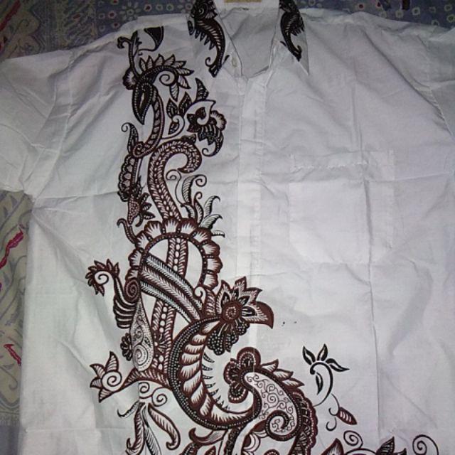 3034 Kemeja Batik Pria Warna Putih Batik Cap Khas Pekalongan Murah Hem Seragam Putih Bersih