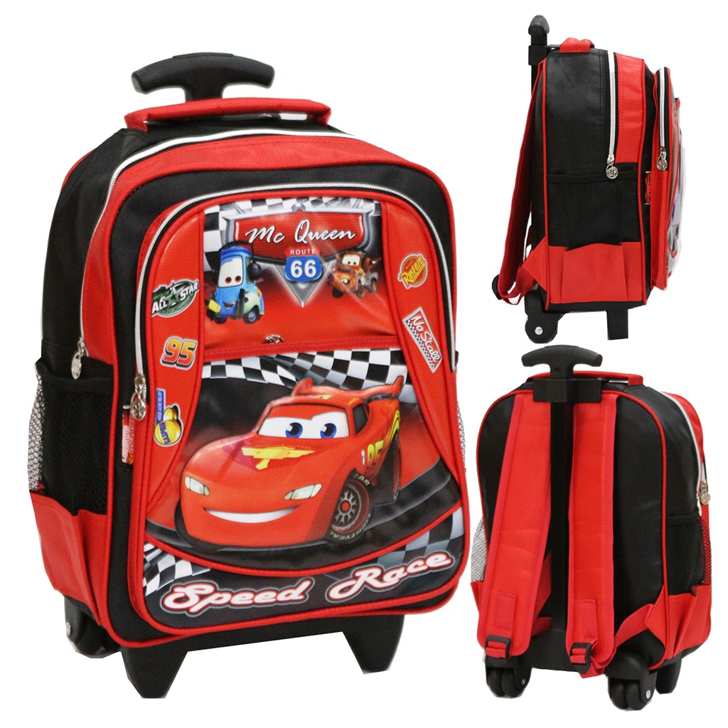 PROMO Tas Roda Dorong Trolley Anak Laki Laki TK Gambar Cars Mobil Merah Soft Timbul 3 Kantung