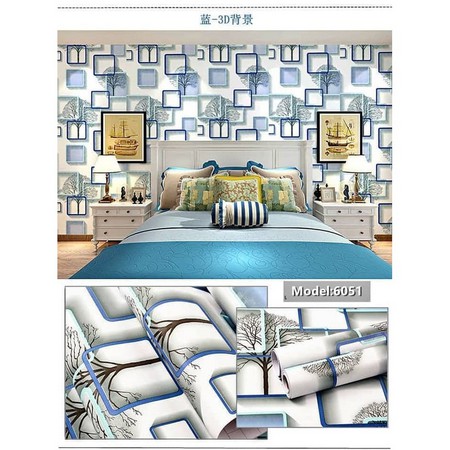 wallpaper roll 45cm x 8m kotak 3D biru