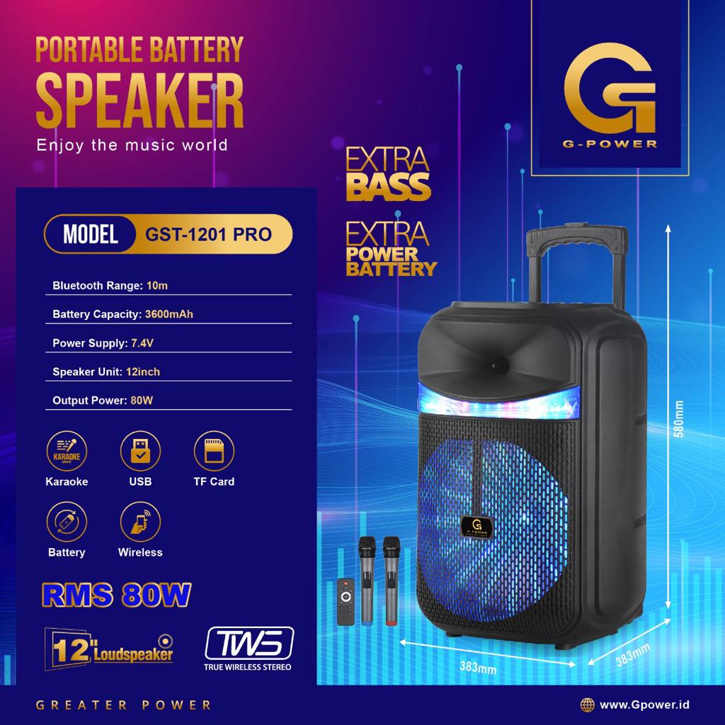 G-POWER PORTABLE BATTERY SPEAKER GST-1201 PRO EXTRA BASS FREE 2 MIC TANPA KABEL ORIGINAL