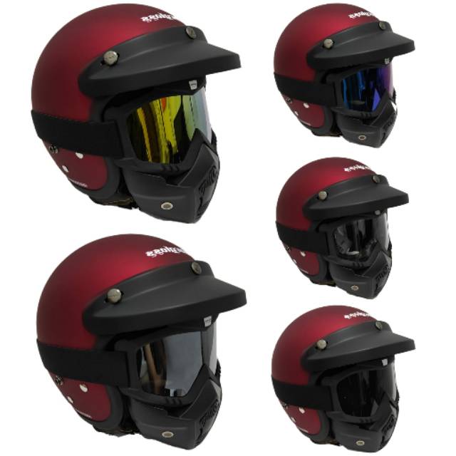 Helm Cargloss Retro Maroon Doff Dengan Goggle Mask