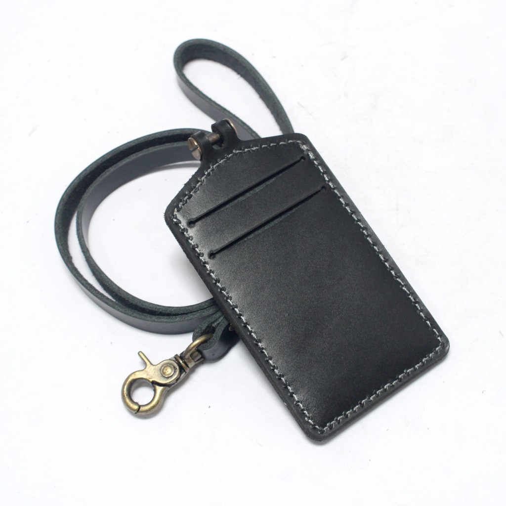 gantungan dompet ID card kulit hitam - tali id card holder - PHID828