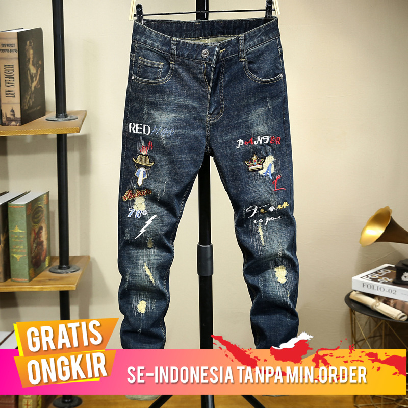 Celana Jeans Pria Slim Fit Jeans Jeans Terbelah Pria Fashion Brand Musim Semi Korea Baru Slim Cocok