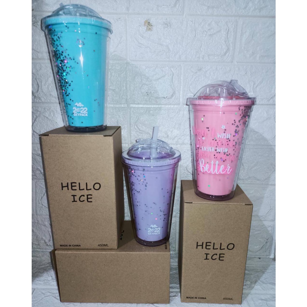 Botol Glitter Tumbler Cups Blink Gelas Botol Minum Air Sedotan 450ml