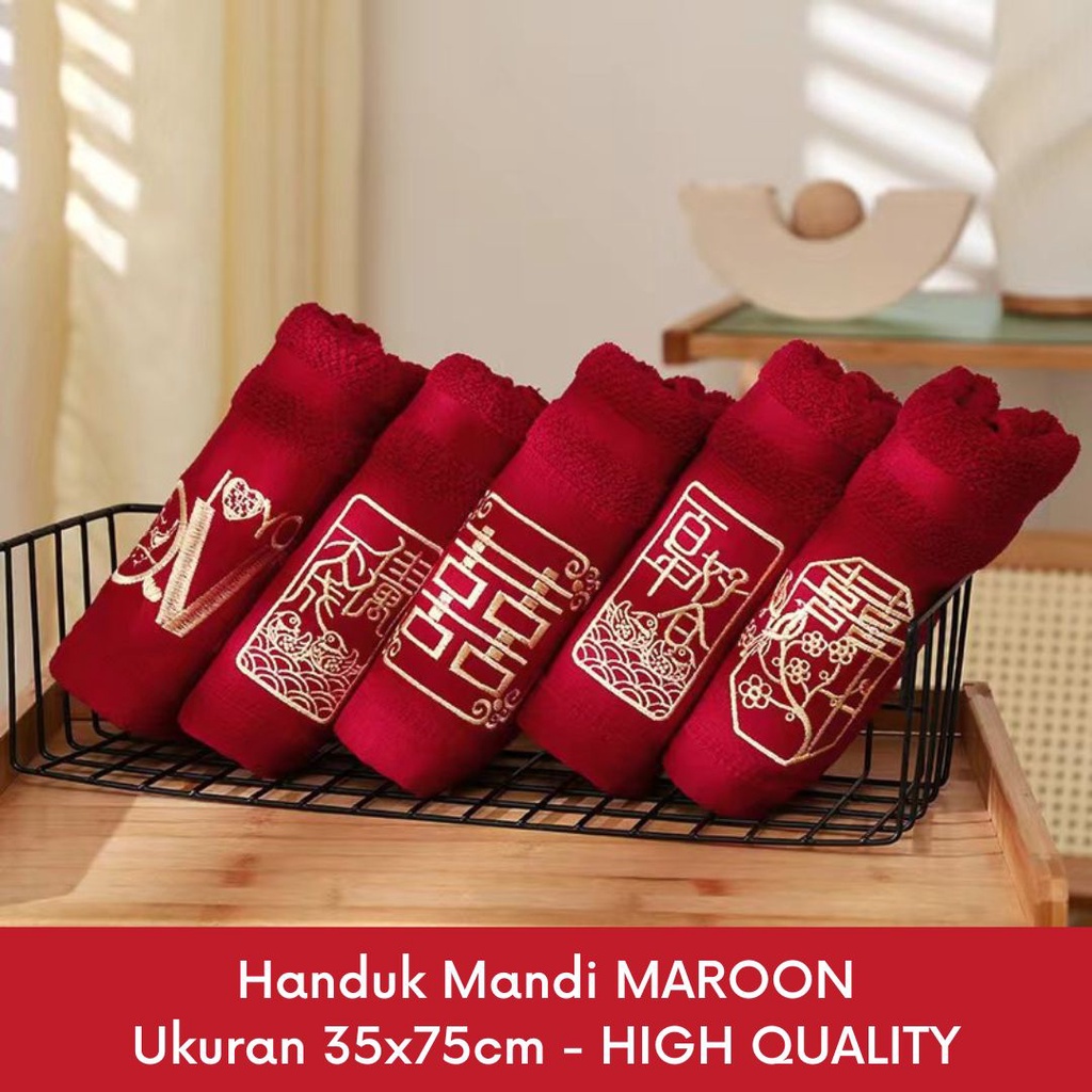 SEPASANG Handuk MAROON tema Wedding Dengan Bordir Shuang Xi Bahan COTTON BAMBOO (TANPA BOX)