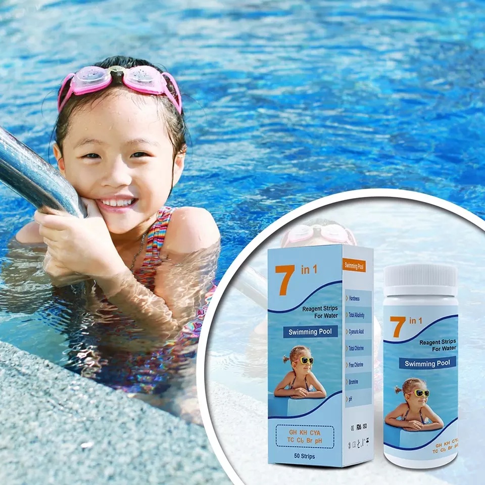 Strip Test Kadar Kaporit Kolam Renang Air Water Test Kit Swimming Pool 7in1 Strip Reagen