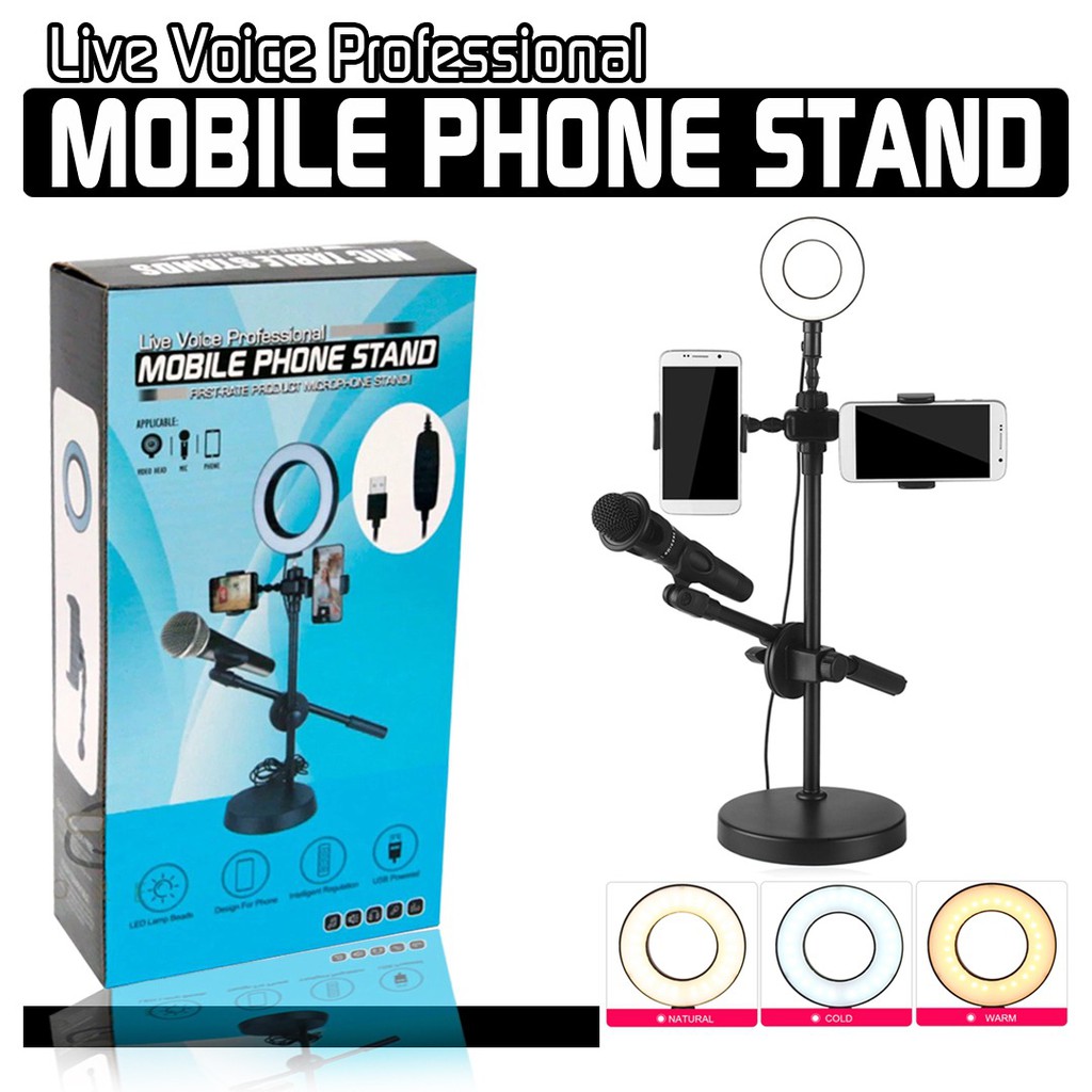 Lampu Selfie ring 3 in 1 ( 2 holder hp + holder mic ) MOBILE STAND PHONE HOLDER