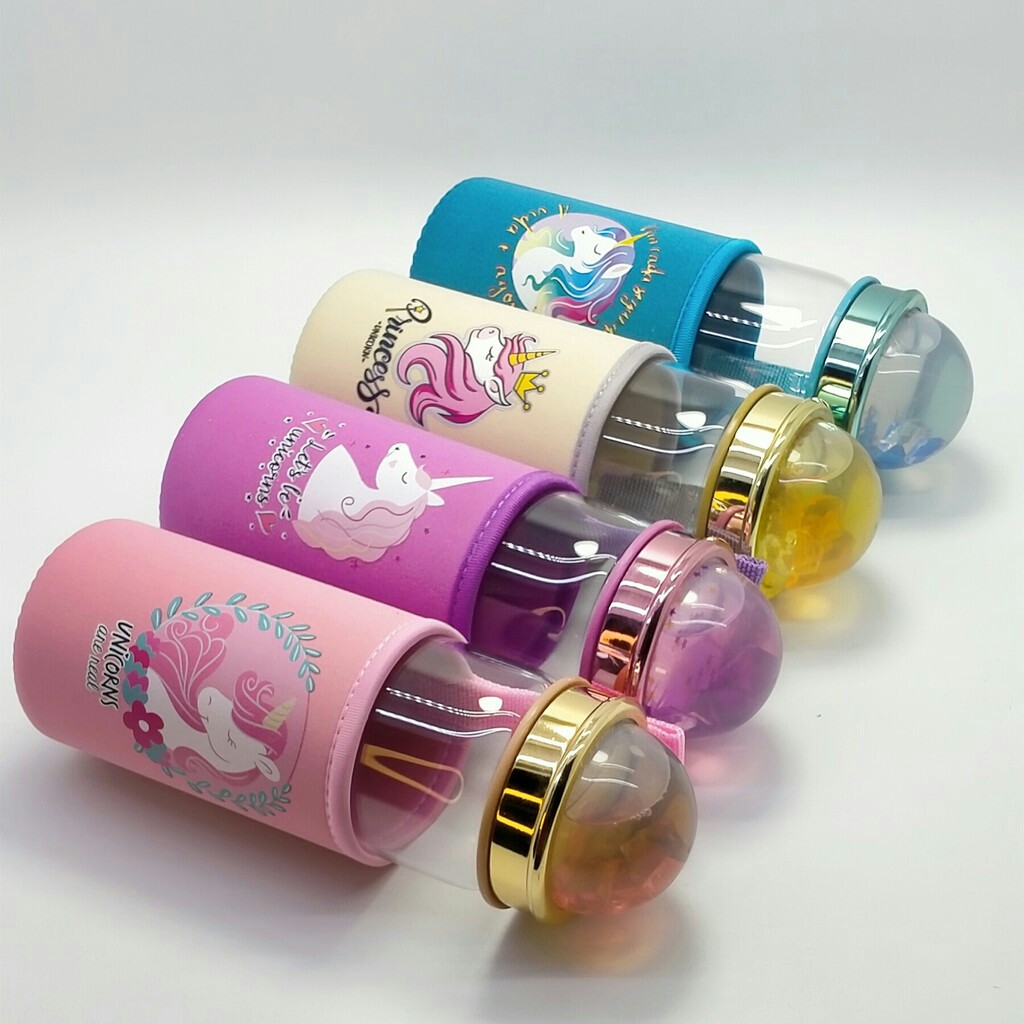 [WS] Botol Minum Kaca Anti Pecah Karakter Unicorn Lucu Untuk Anak/Pelajar-Biru