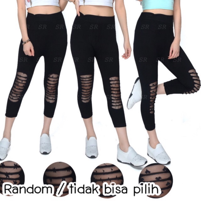 Legging Import Fashion Wanita Kombinasi Brukat Jala Katun Panjang Pendek 7/8 Fit Jumbo