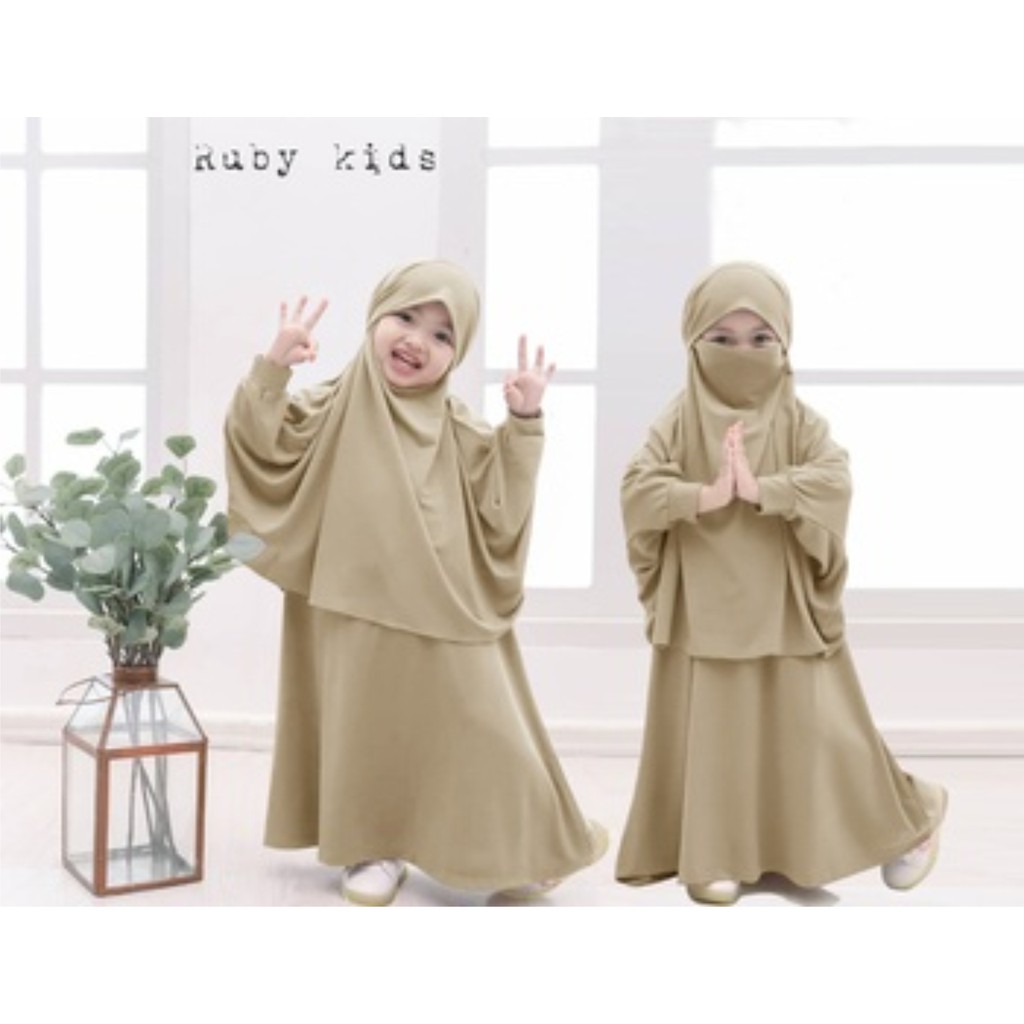 FenishaStore Baju Gamis Syar’i Jilbab Cadar Set Anak Perempuan Ruby Kids Usia 5-7 Tahun