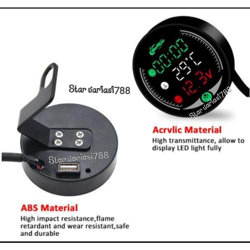 Voltmeter sepeda motor bulat 5in1 plus USB jam waktu pengatur suhu waterproof