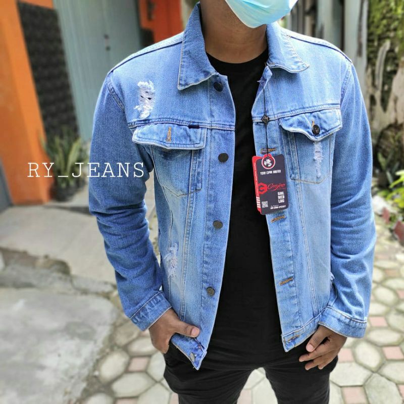 Jaket jeans pria cmje jaket jeans sobek lightblue streeth