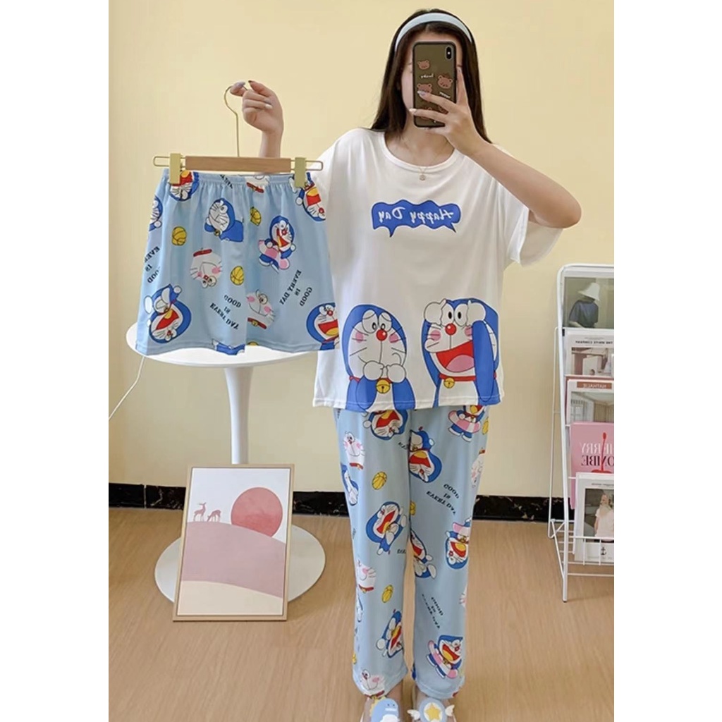 piyama 3in1 set baju tidur wanita dewasa import lengan pendek celana panjang dan celana pendek BT09