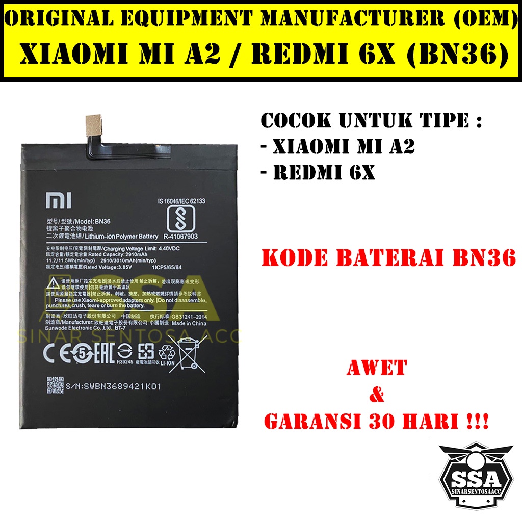 Baterai Xiaomi Redmi 6x Mi A2 BN36 Redmi6x Xiaomi6x MiA2 XiamiA2 BN36 Redmi BN 36 Original OEM Batu Batere Batre Battery Batrai Batrei ori hp Xiao Mi Garansi