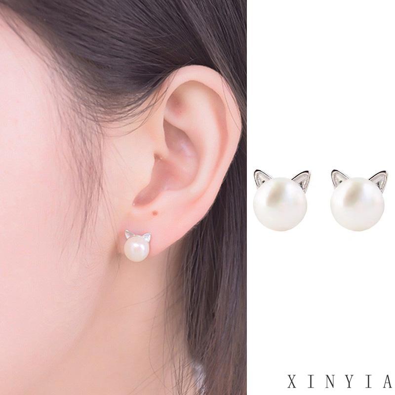 【Bayar di tempat】Anting Stud Desain Telinga Kucing Aksen Mutiara Imitasi Bahan 925 Silver Untuk Wanita