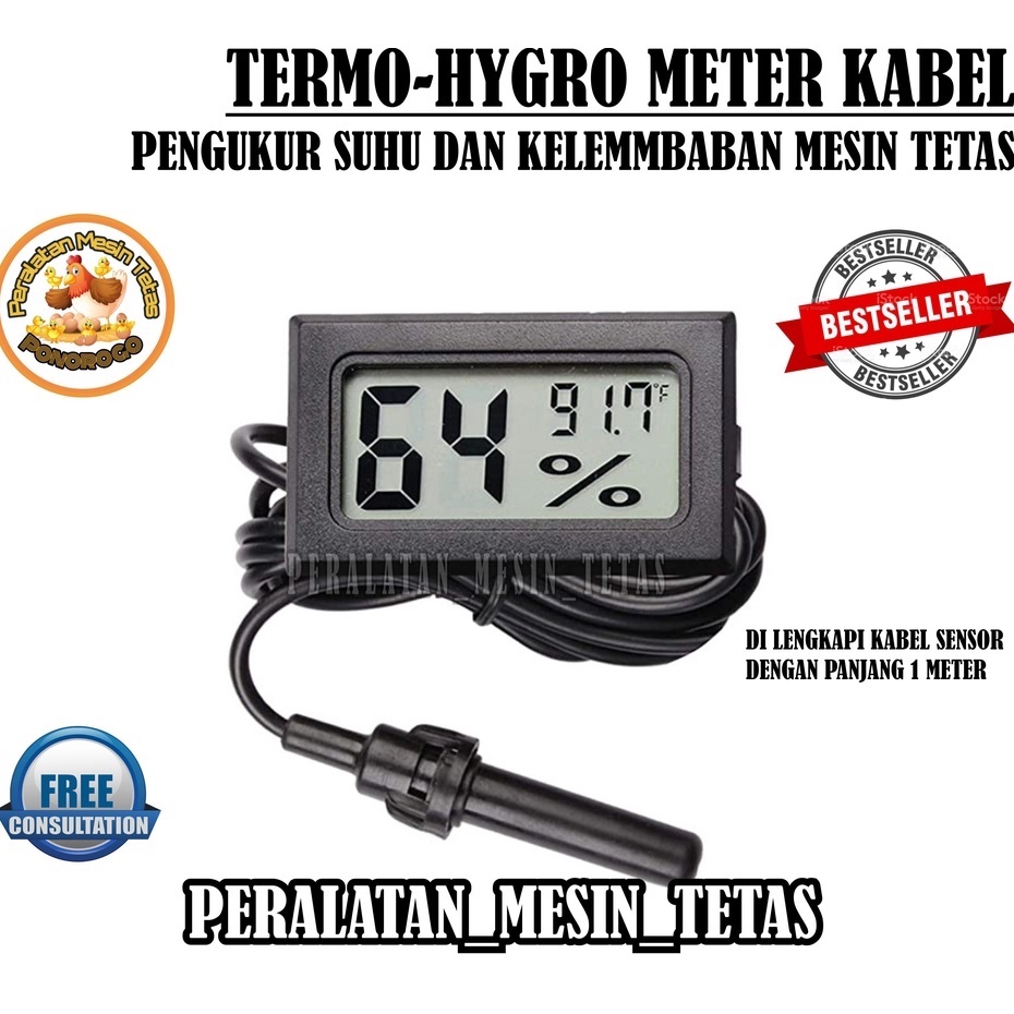 Termometer Hygrometer Termohygrometer Pengukur Suhu dan Kelembaban Ruangan Dgan Sensor Kabel 1 Meter