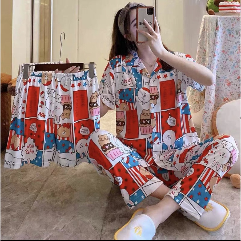 Piyama Baju Tidur Wanita Leisure Wear Import Fashion Kerah Kancing Lengan Pendek-7007 3in1