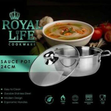 ROYAL LIFE SAUCE POT 24CM | PANCI SUSU STAINLESS TUTUP KACA 24CM