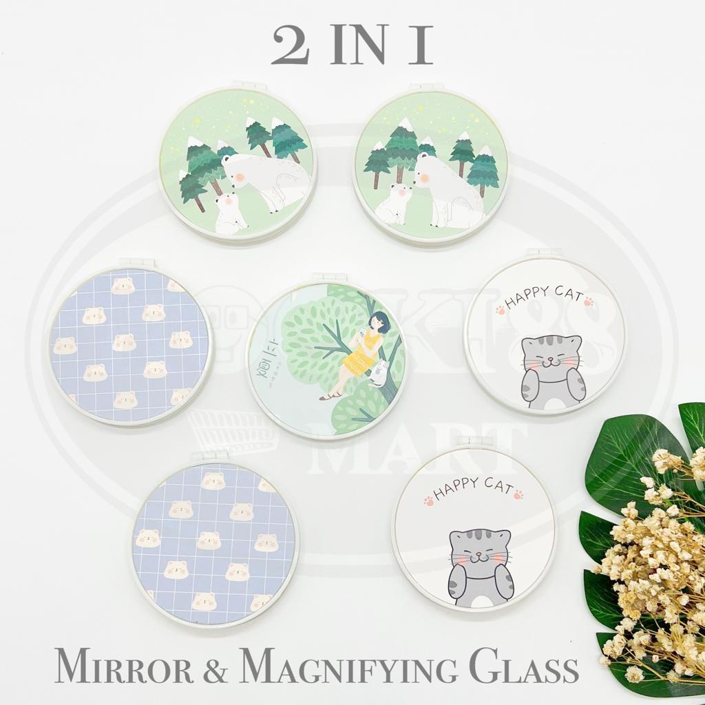 Cermin Lipat Bulat / Kotak / Cermin Saku Korea Portable Mini Motif Lucu / Kaca Lipat Make Up Travel-BULAT 2 IN 1 KACA 2X