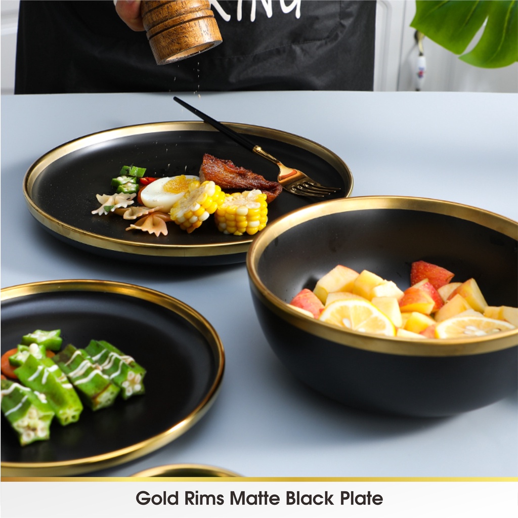 [SATUAN] BLACK - Piring Mangkok Makan Keramik Pinggiran Emas Cantik Ceramic Mewah Western Steak Gold Rim Plate