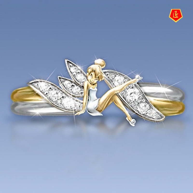 [Ready Stock]Golden Angel Silver Ring Women's Diamond-Embedded Cute