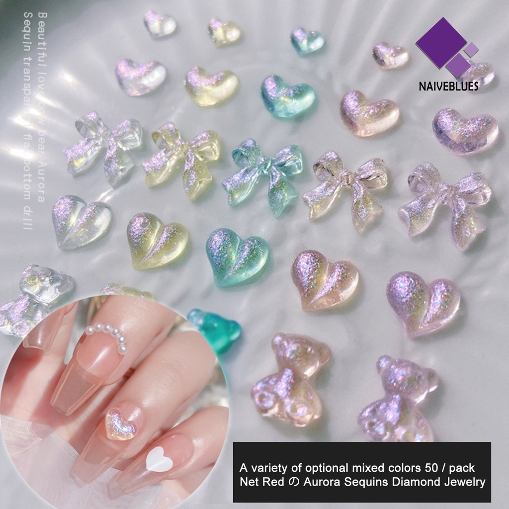 Naiveblue 50Pcs / Pak Hiasan Kuku Bentuk Hati / Pita / Beruang Bahan Resin Untuk Aksesoris Nail Art Charms