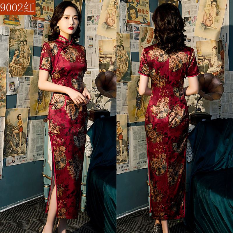 2022 summer new cheongsam long style retro slim fashion daily performance silk improved cheongsam dr